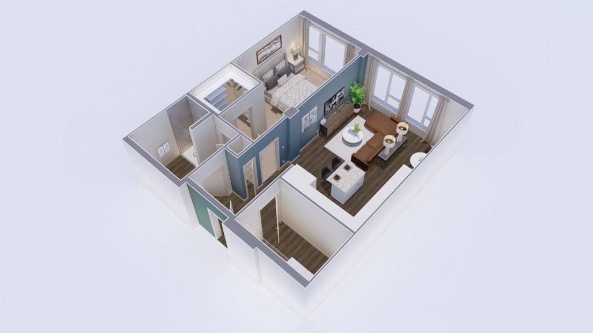 A 3D rendered floor plan of a modern one-bedroom apartment featuring an open layout with a kitchen and living area.