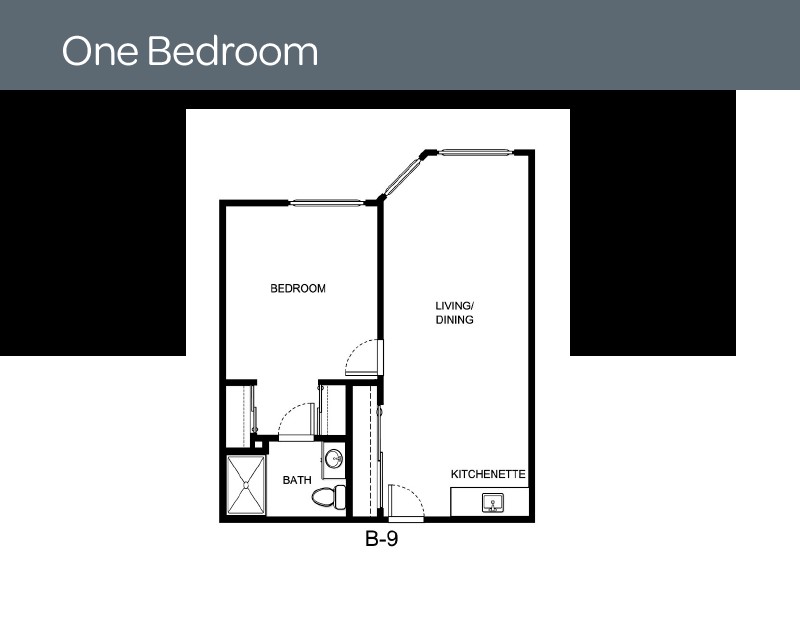 Floor plan of a one-bedroom apartment with living area, kitchen, and bathroom.