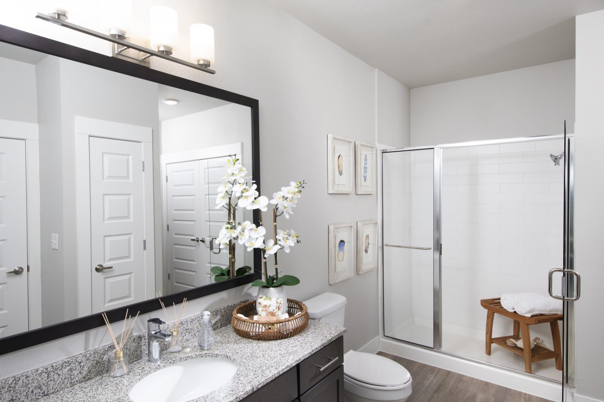A modern bathroom with a sleek interior design, featuring a large mirror, potted orchids, and a glass shower.