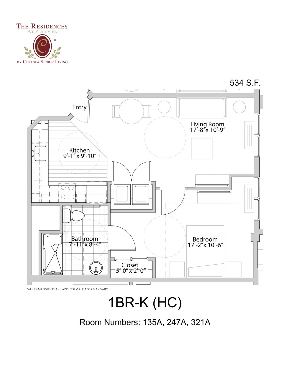 A floor plan of a 1-bedroom apartment with an accessible design, featuring a kitchen, living room, and bathroom.