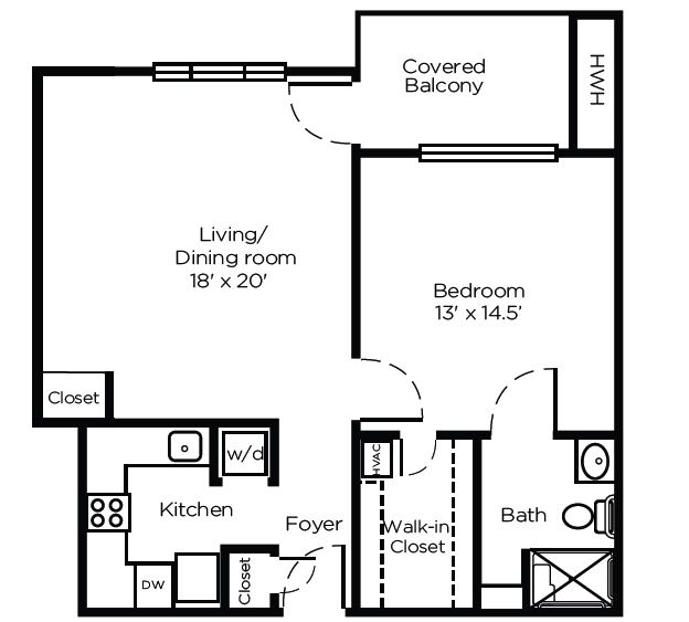 One-bedroom apartment floor plan with living/dining area, kitchen, bathroom, walk-in closet, and covered balcony.