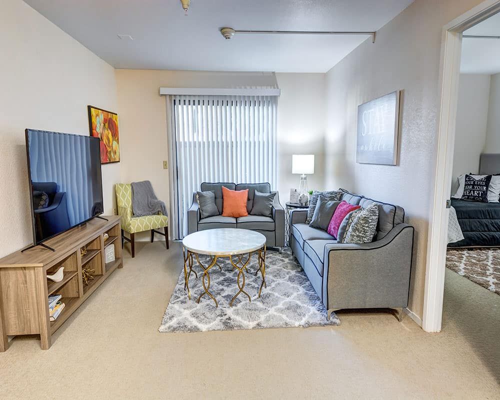 A cozy living room with modern decor, featuring a sofa, coffee table, and television.