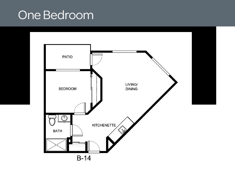 Floor plan of a one-bedroom apartment featuring a living/dining area, kitchen, and bathroom.