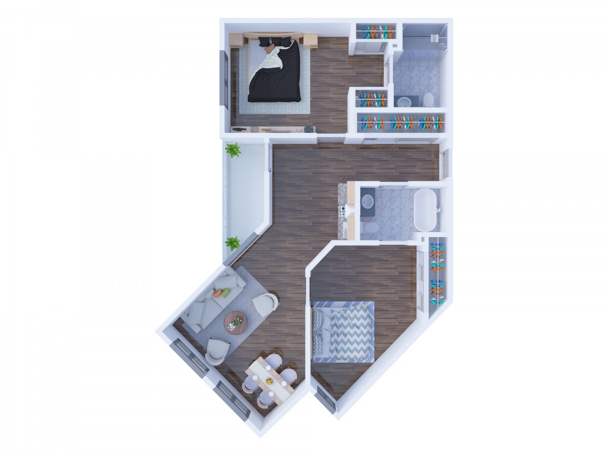 A modern apartment floor plan featuring two bedrooms, a bathroom, an open living and dining area, and a compact kitchen.