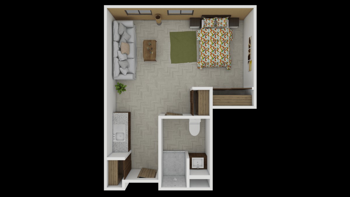 A studio apartment floor plan featuring a combined living and sleeping area with an adjacent kitchen and bathroom.