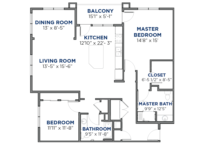 This image shows a floor plan layout of an apartment with labeled rooms.