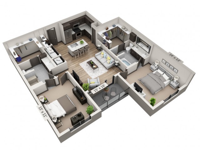 A 3D rendered floor plan of a modern apartment featuring a spacious layout with two bedrooms, two bathrooms, a kitchen, dining area, and living room.