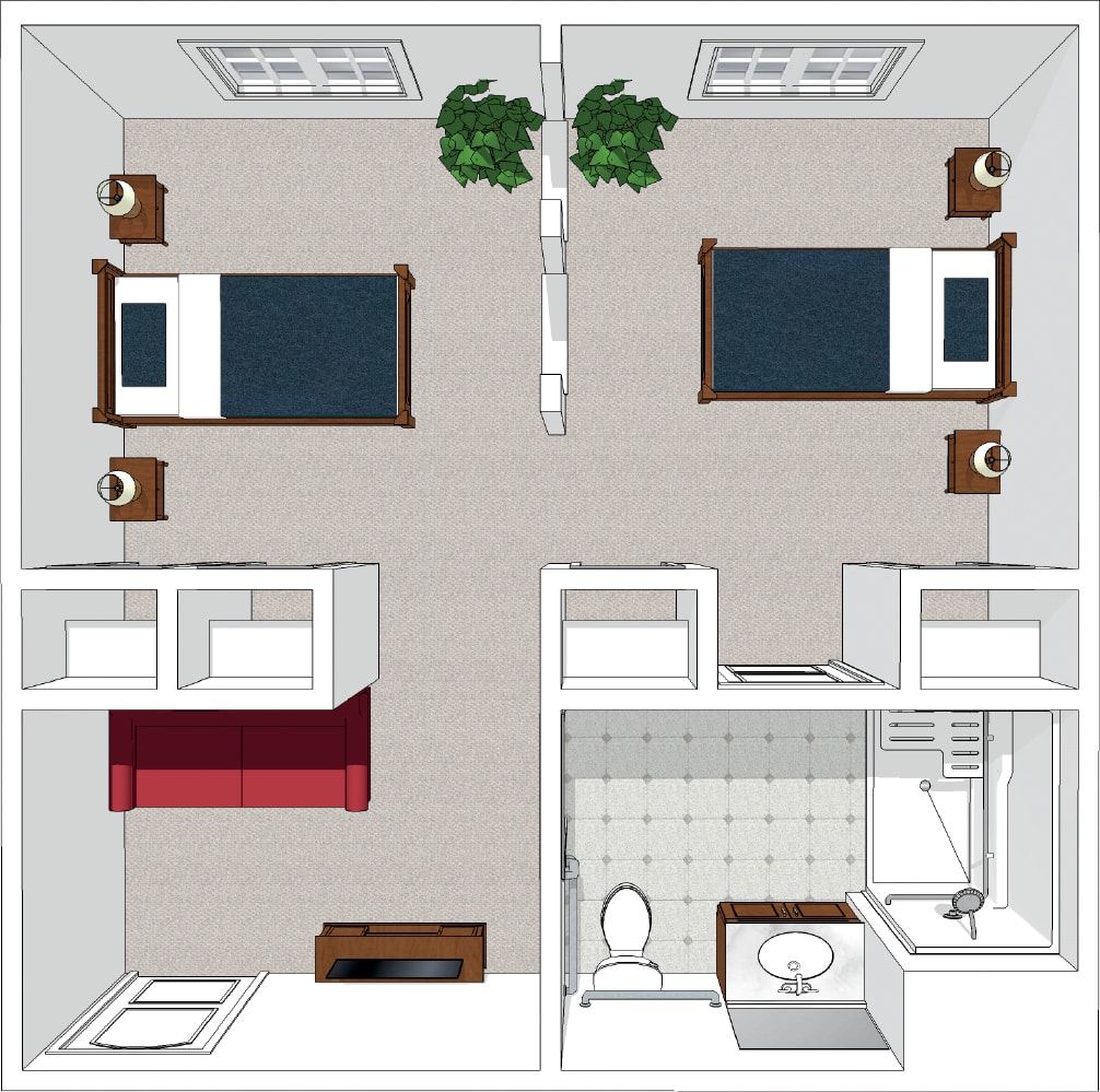 A top-down view of a shared dorm room floor plan, featuring two beds, nightstands, and a shared bathroom.