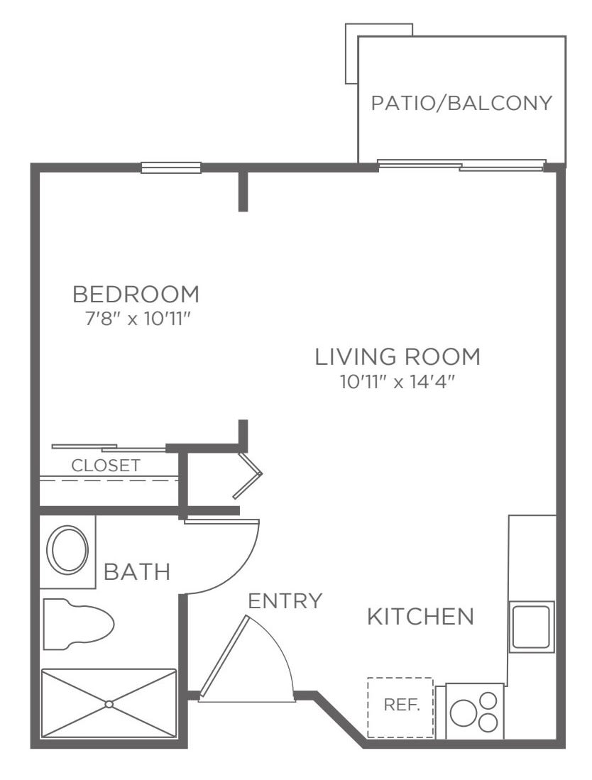 A one-bedroom apartment floor plan featuring a living room, kitchen, bathroom, and balcony.