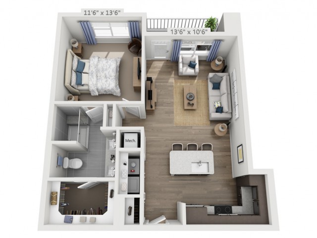 3D floor plan of a modern one-bedroom apartment featuring an open kitchen, living area, and bathroom.