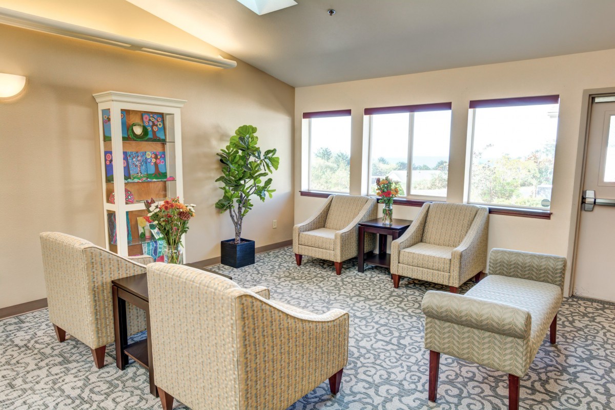 A cozy waiting room with comfortable chairs and large windows letting in natural light.