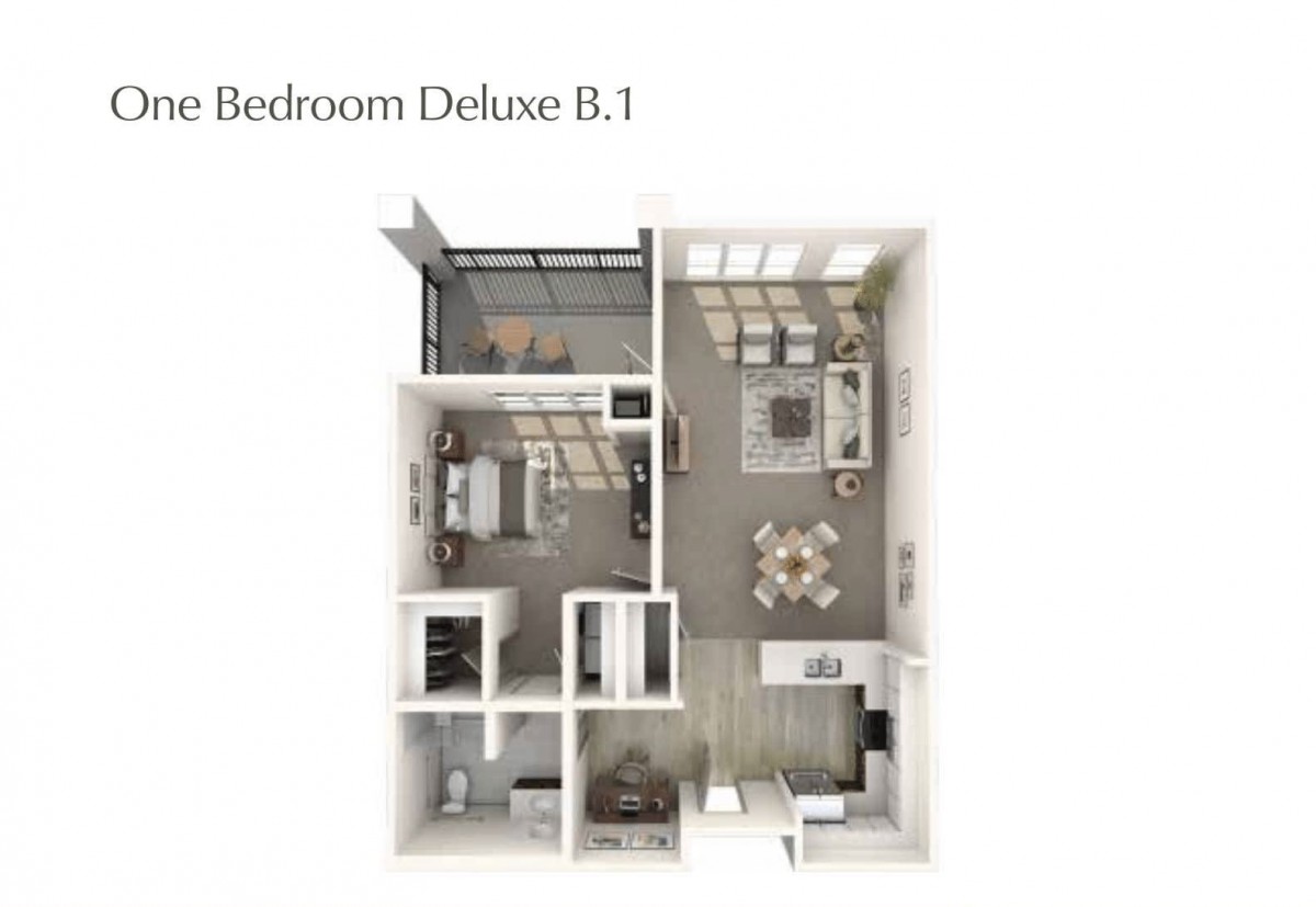 Floor plan of a Bedroom Deluxe B.1 apartment, featuring a living room, kitchen, bedroom, and balcony.