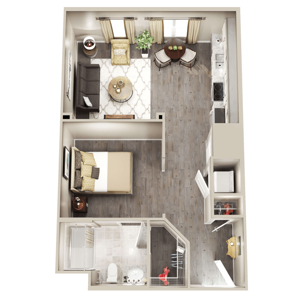 An overhead view of a one-bedroom apartment floor plan featuring a living room, kitchen, and bathroom.