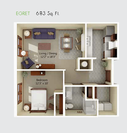 This is a 3D floor plan of a one-bedroom apartment measuring 683 square feet, featuring a living/dining area, kitchen, bedroom, and bathroom.