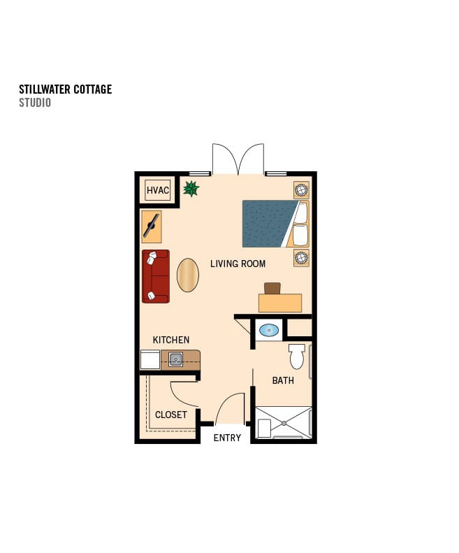 A floor plan of a studio apartment with designated areas for the kitchen, living room, and bathroom.