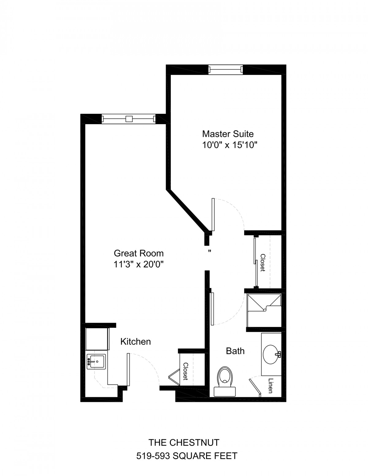 A floor plan showing the layout of a one-bedroom apartment with dimensions for each room.