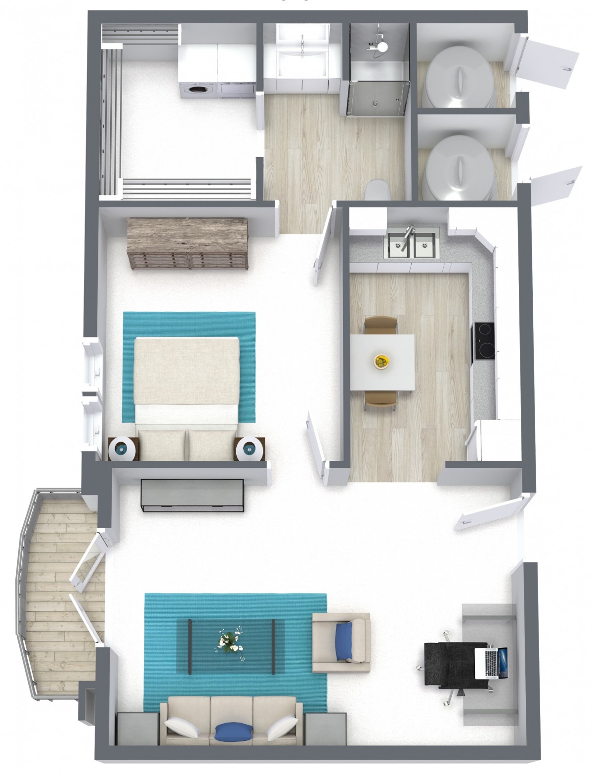 A 3D floor plan of a modern apartment with distinct areas for a bedroom, living room, kitchen, and bathroom.