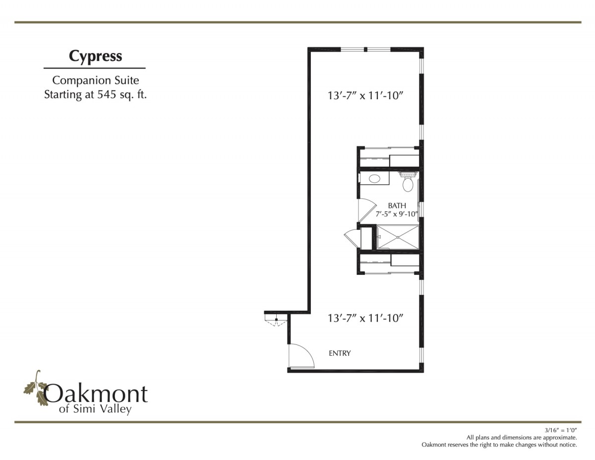 Floor plan of a one-bedroom suite with dimensions.