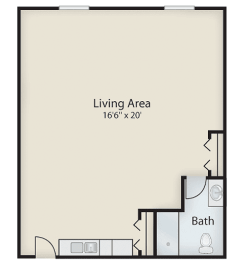 A floor plan featuring a large living area and a bathroom.