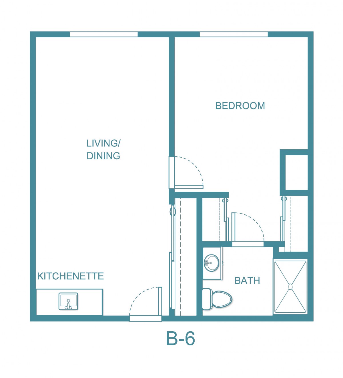 One-bedroom apartment floor plan with a living/dining area, kitchenette, and bathroom.