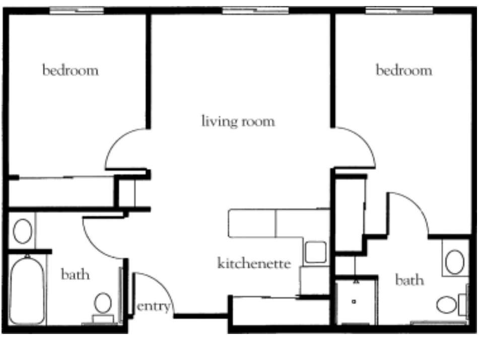 A floor plan showing the layout of a living room, bedroom, kitchenette, and bath.