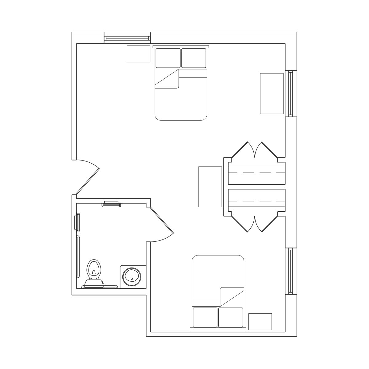 A simple floor plan featuring a bedroom, living area, and bathroom.