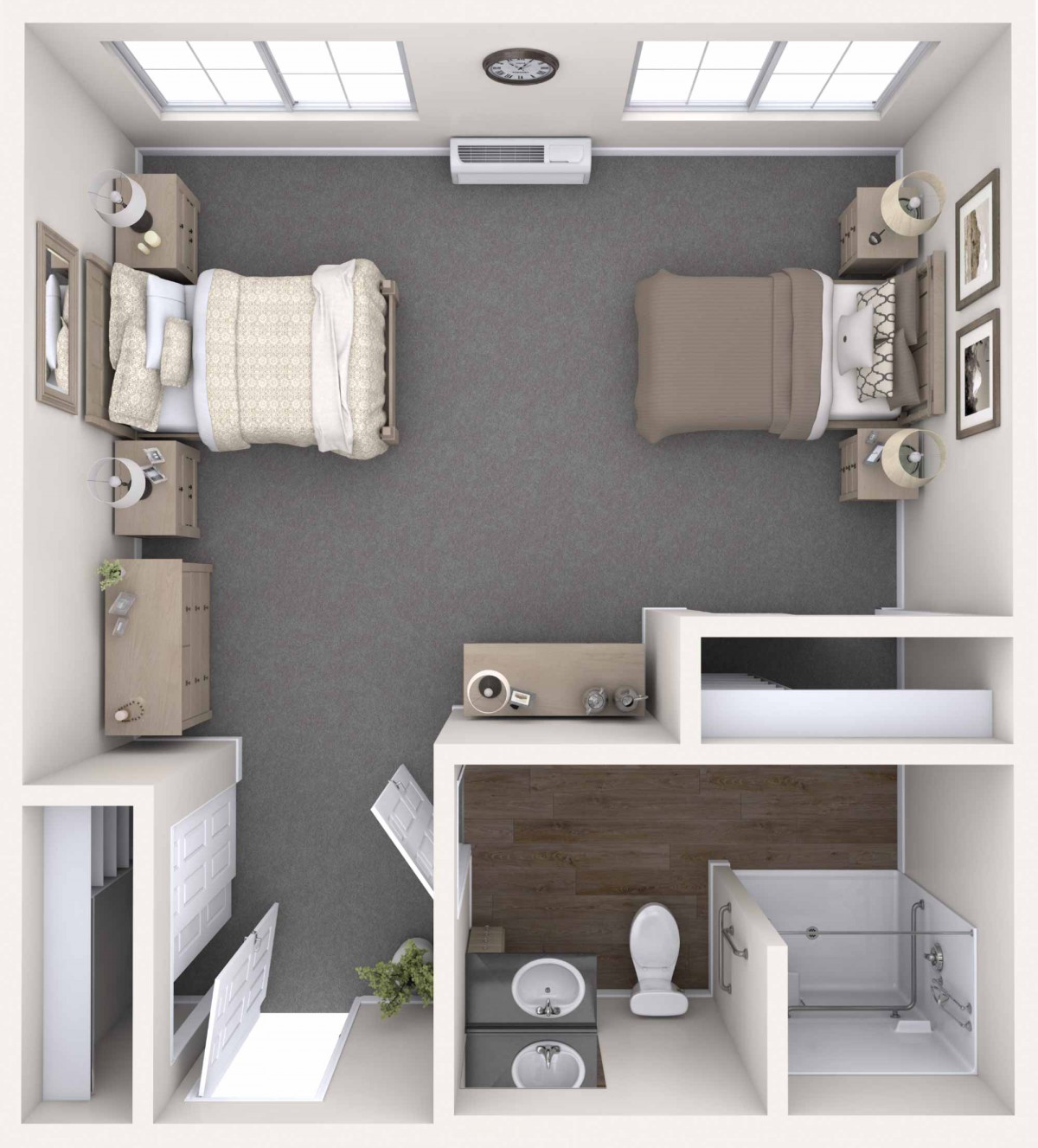 An overhead view of a modern bedroom with twin beds and an attached bathroom.