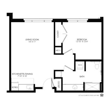 A floor plan illustrating the layout of an apartment with designated living and bedroom areas.