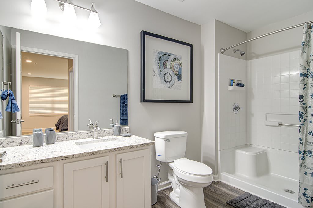 A modern bathroom with a toilet, sink, and shower, featuring white walls and framed artwork.