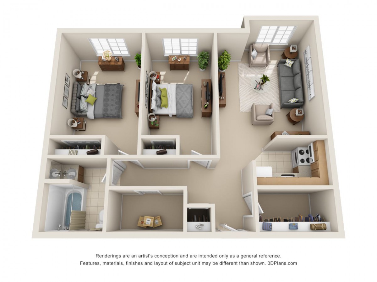 A detailed 3D floor plan of a two-bedroom apartment featuring a kitchen, living area, and bathroom.