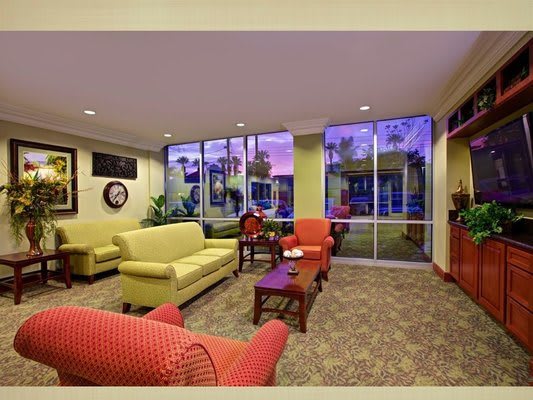 A cozy living room with colorful sofas and a large window view.