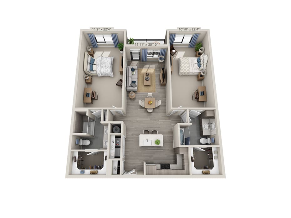 A detailed floor plan of a two-bedroom apartment featuring a spacious living area, kitchen, and two bathrooms.