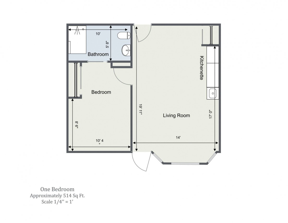 One-bedroom apartment floor plan with living room and bathroom.