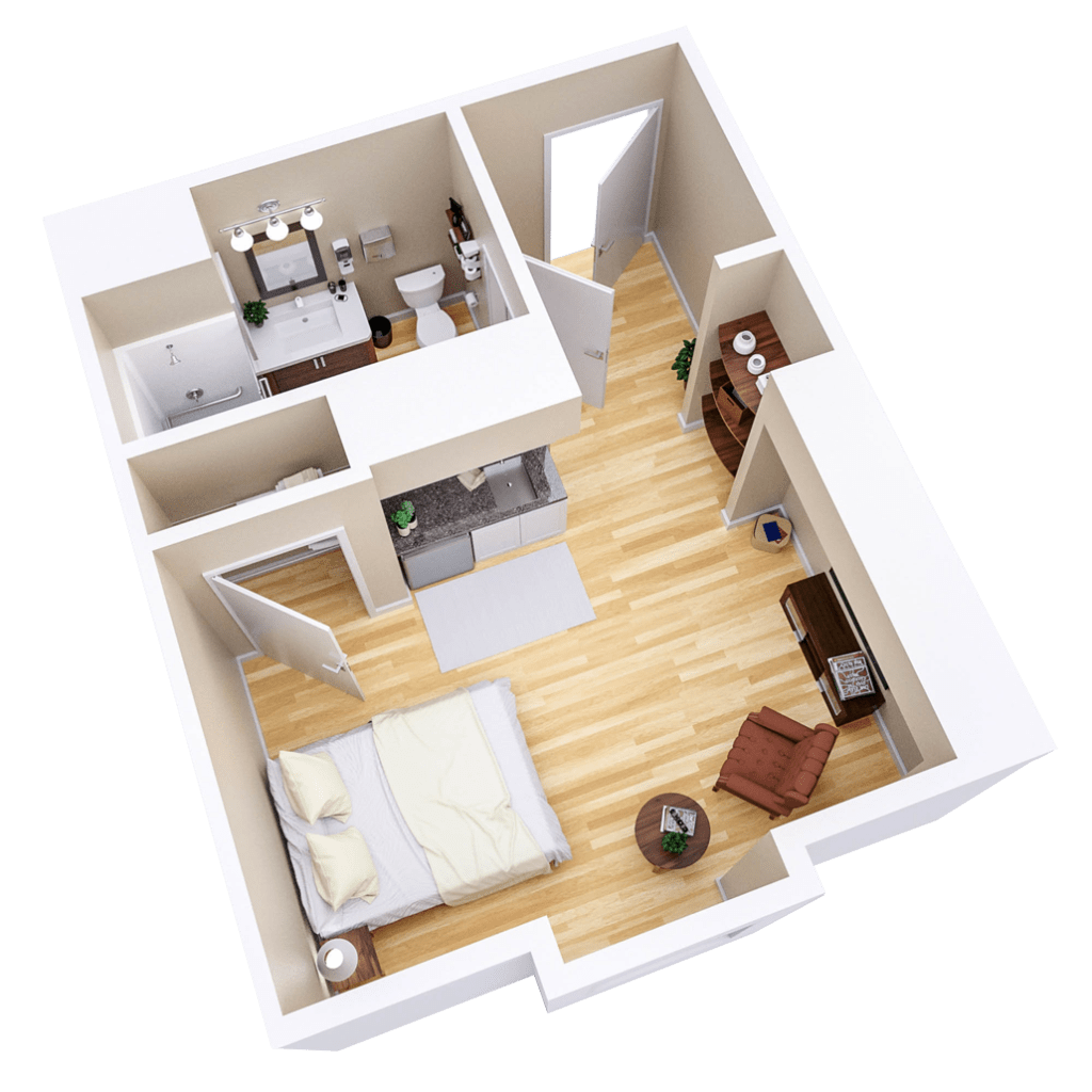 A 3D floor plan of a one-bedroom apartment showcasing the bedroom, living area, kitchen, and bathroom.