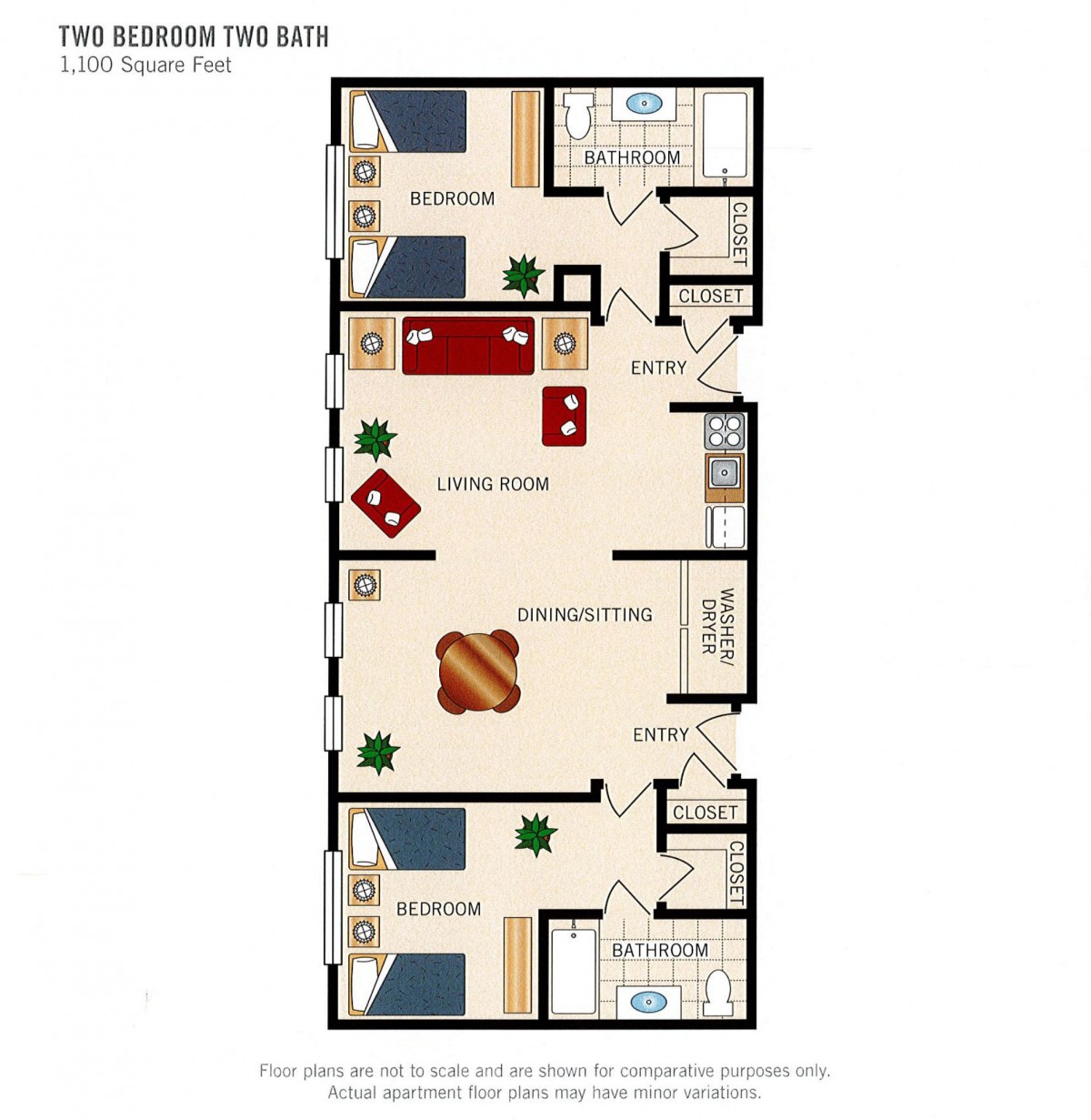 A two-bedroom apartment floor plan with a living room, kitchen, and bathrooms.