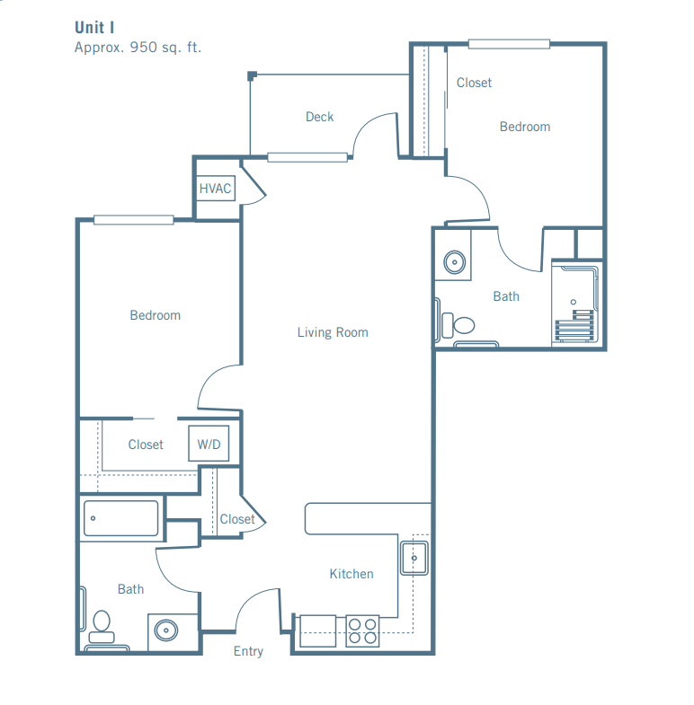 Floor plan of a two-bedroom apartment layout.
