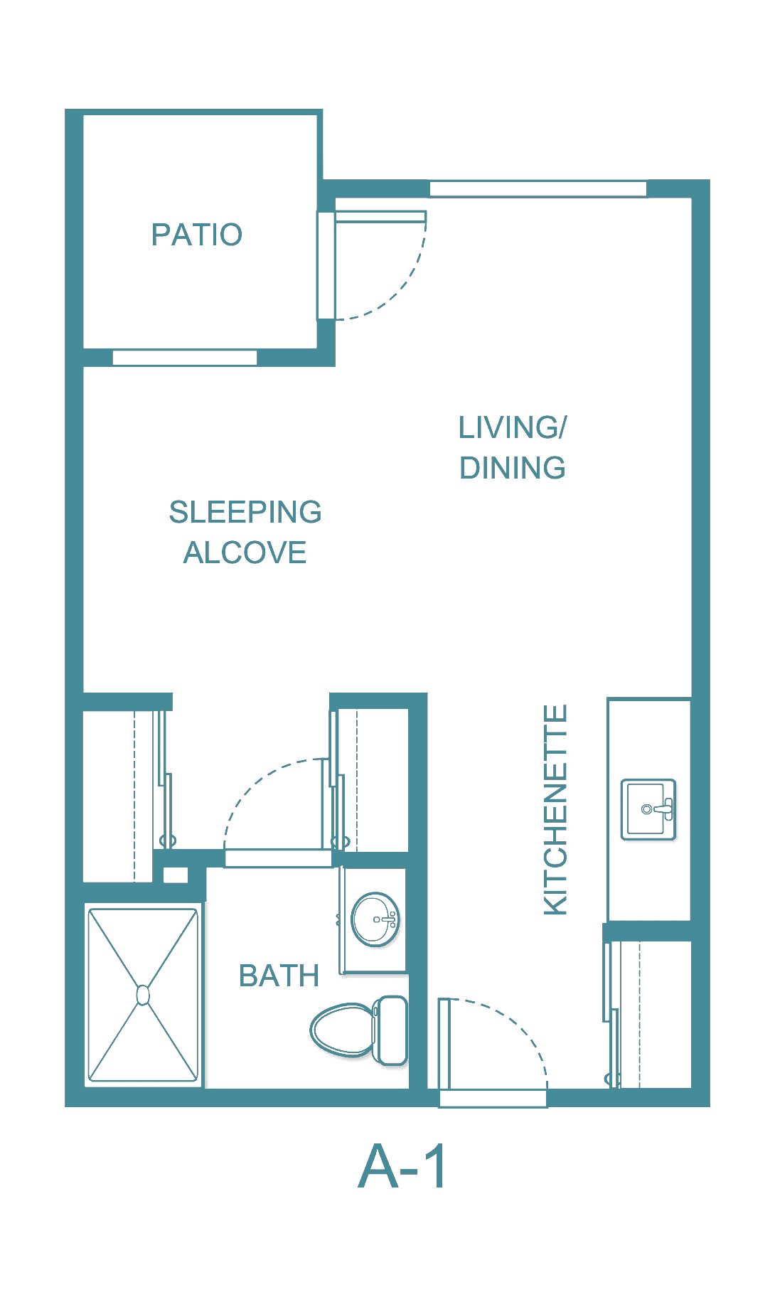 A floor plan for a studio apartment featuring a sleeping alcove, living/dining area, kitchenette, and bathroom.