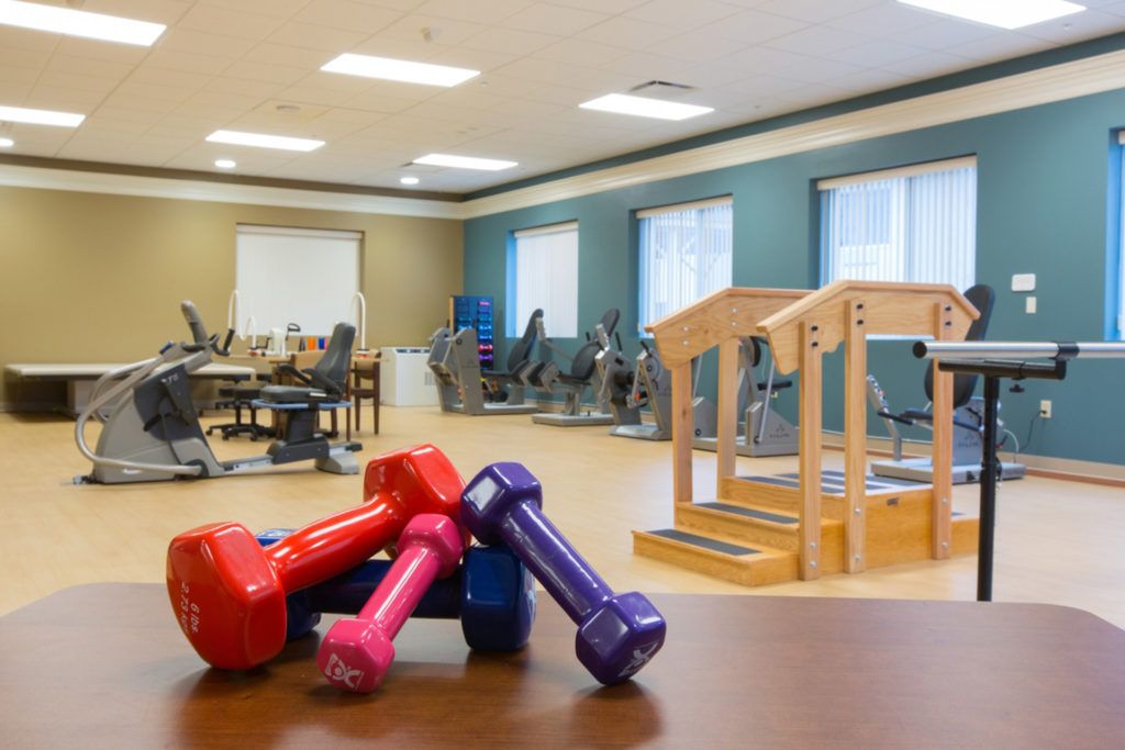 A rehabilitation gym with colorful dumbbells and exercise equipment.