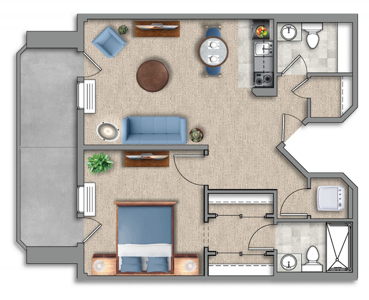 A floor plan of a one-bedroom apartment featuring a living room, kitchen, and bathroom.