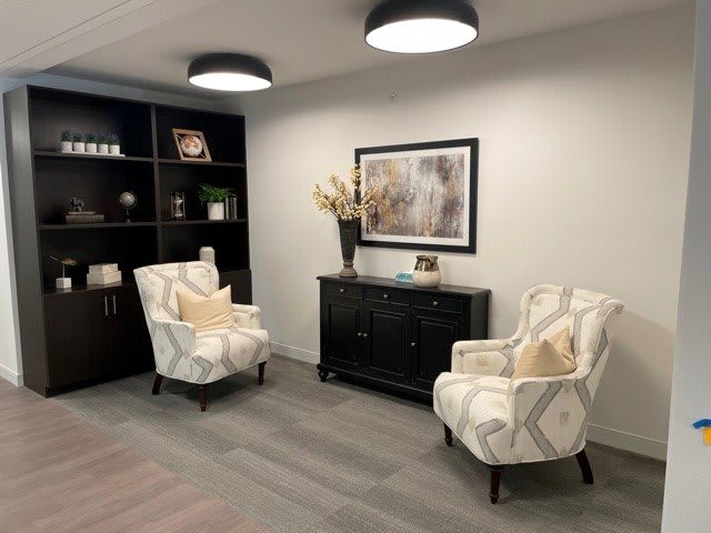 A modern seating area with two patterned armchairs, a dark cabinet, and decorative elements.