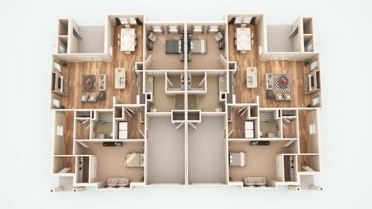 A detailed floor plan of a residential apartment with multiple rooms and shared spaces.