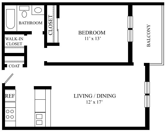 A floor plan of a one-bedroom apartment featuring a bedroom, living/dining area, kitchen, bathroom, and balcony.