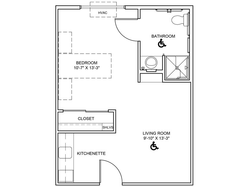 An architectural floor plan of a one-bedroom apartment featuring an accessible design.