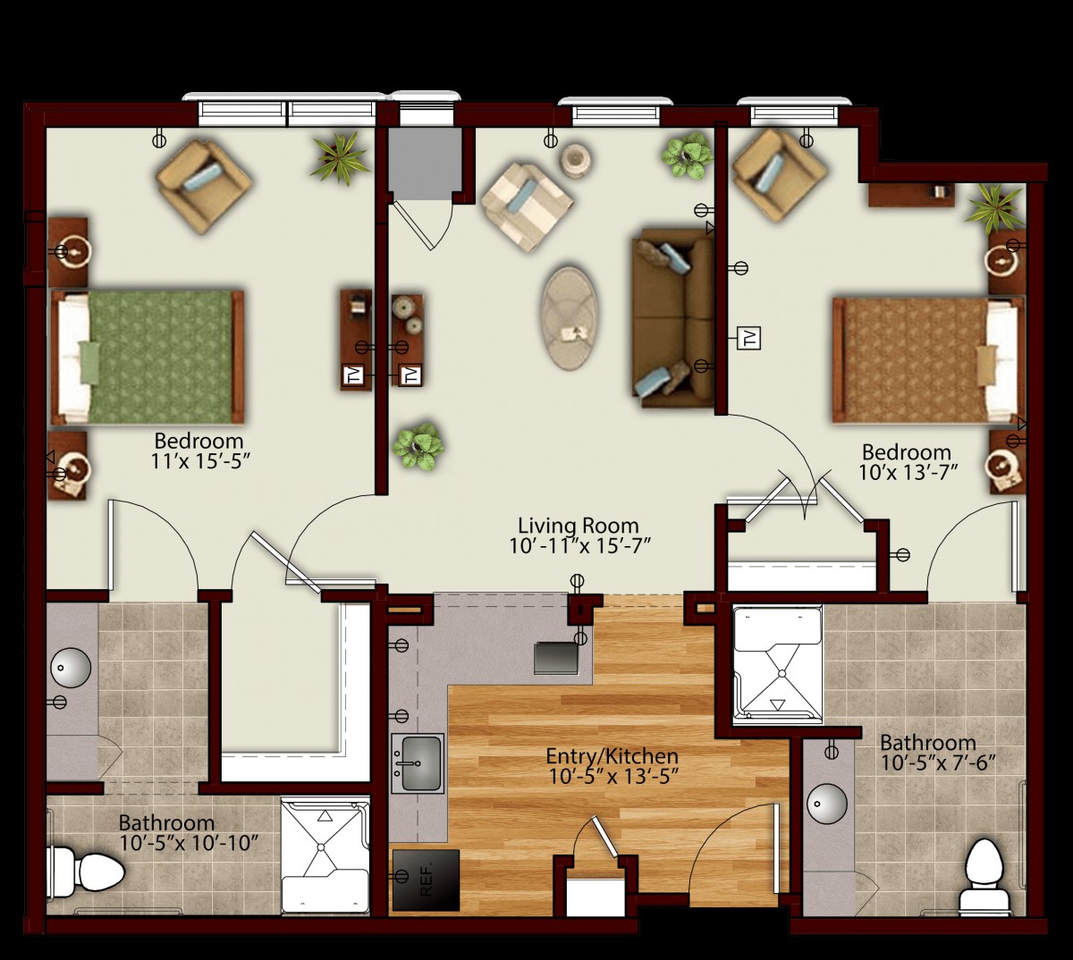 A floor plan of a two-bedroom apartment with a living room, kitchen, and bathroom.