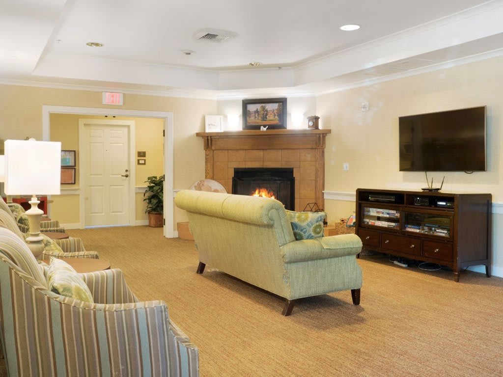 A cozy living room featuring a fireplace, sofa, and television.