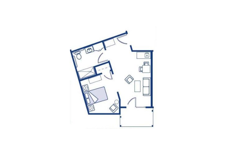 A blueprint of a one-bedroom apartment layout.