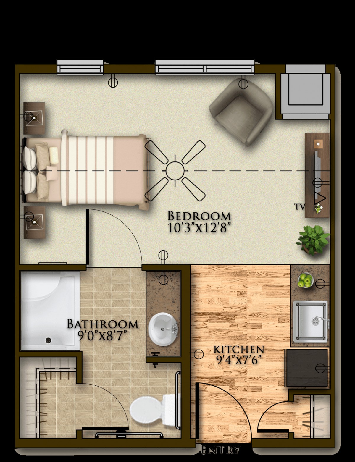 A compact apartment floor plan showing a bedroom, bathroom, and kitchen area.