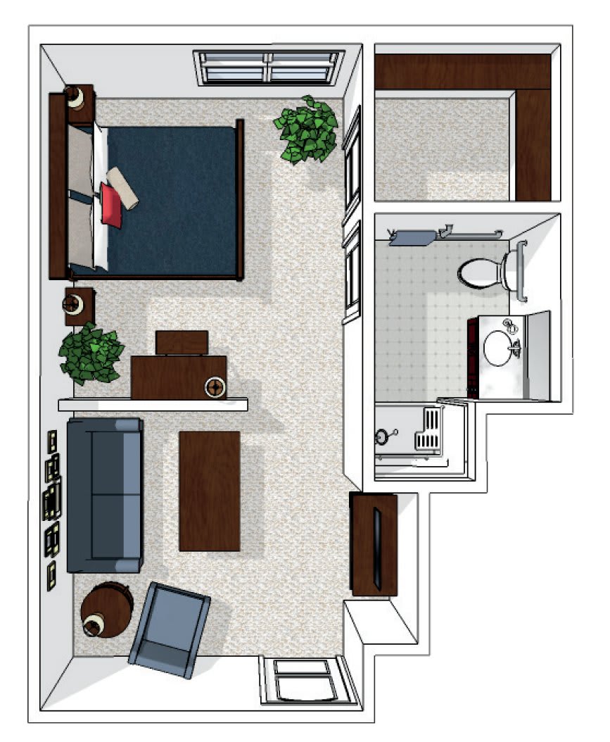 A detailed floor plan of a one-bedroom apartment layout with a living room, bedroom, and bathroom.