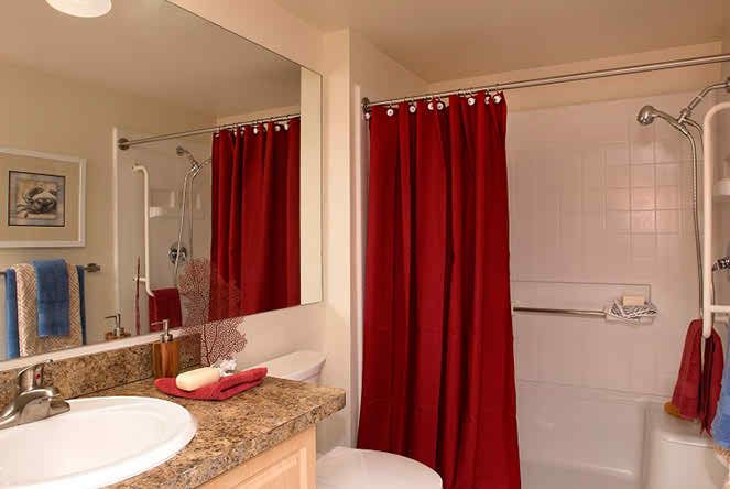 A bathroom with a red shower curtain, a sink, and a mirror.