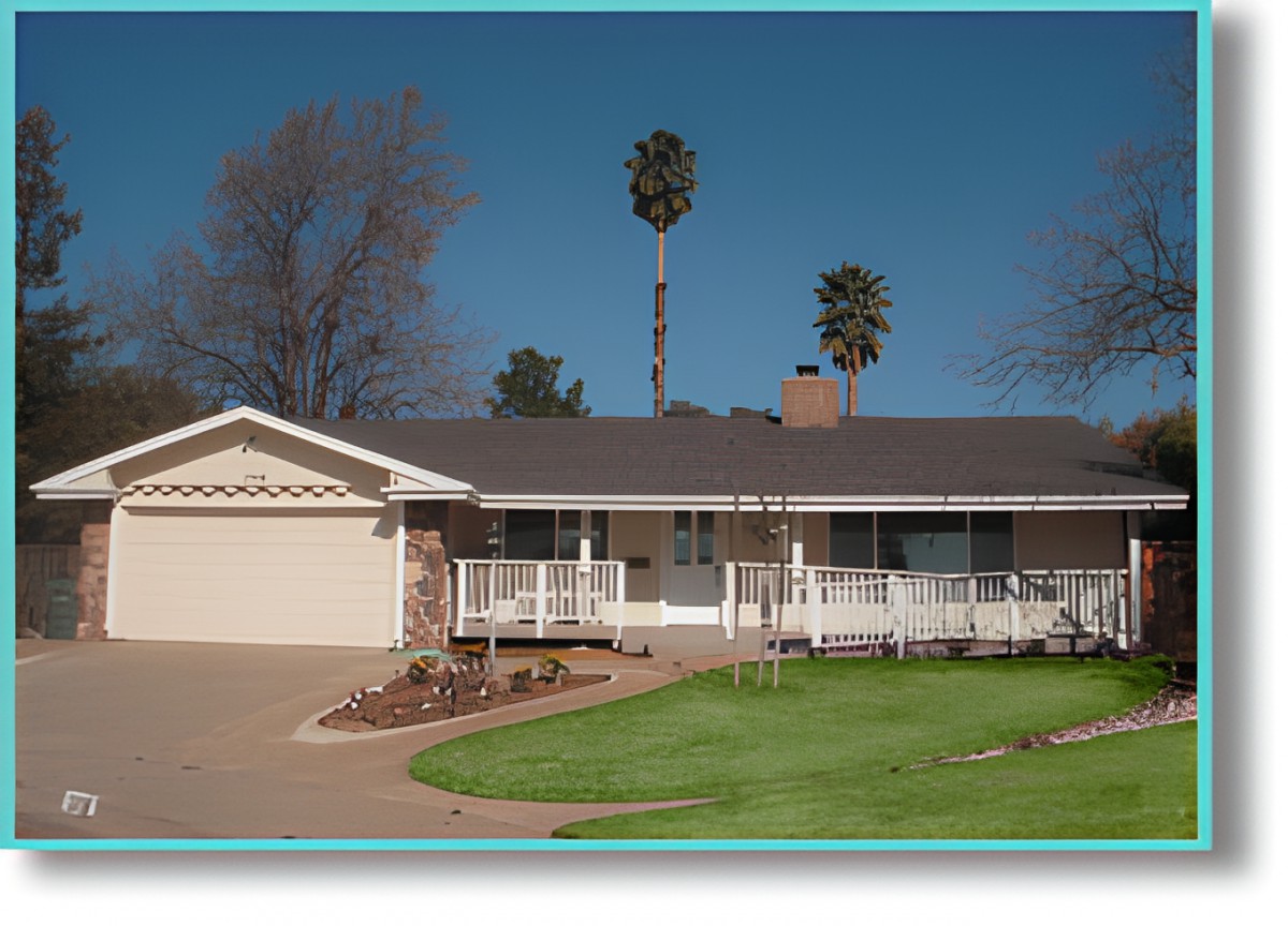 A suburban house with a well-kept lawn and palm trees in the background.